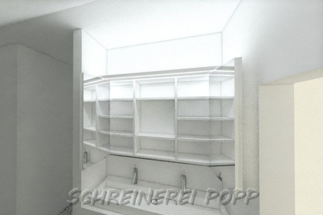 Spiegelschrank weiß lackiert mit Falttüren - geöffnet Spiegelschrank Falttüren weiß lackiert mit Falttüren - geöffnet