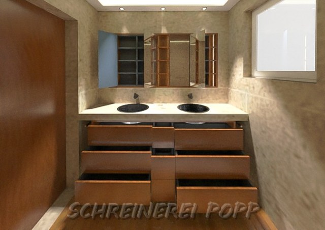 Waschtisch Spiegelschrank Kombination in Amasaque - geöffnet Waschtisch Spiegelschrank Kombination in Amasaque - geöffnet