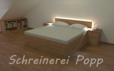 Zeichnung Bett Buche mit Beleuchtung und Nachtkästchen 1